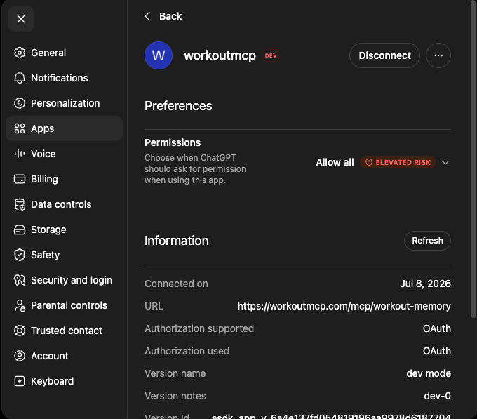 ChatGPT app detail page showing the connected Workout Memory app with OAuth authorization and permission preferences