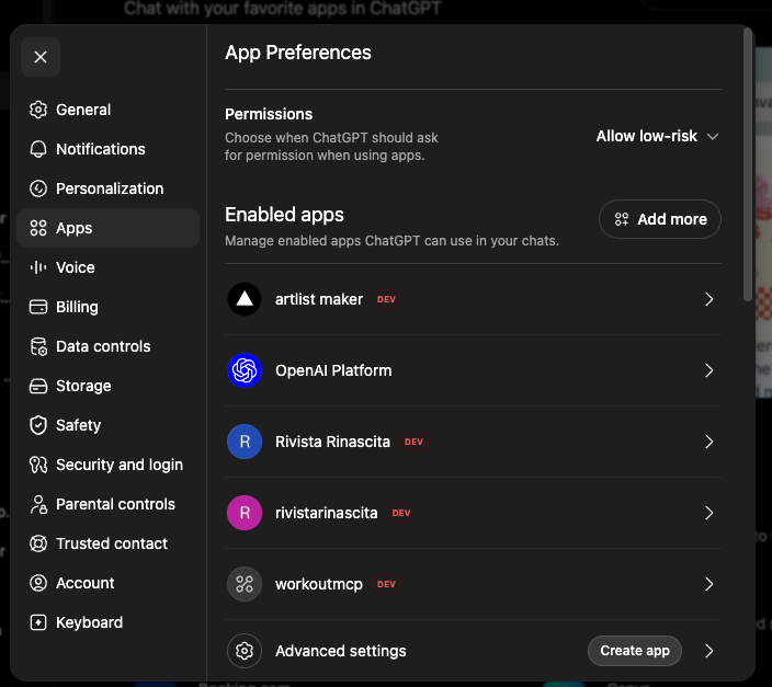 ChatGPT app preferences showing the enabled apps list and the Create app button