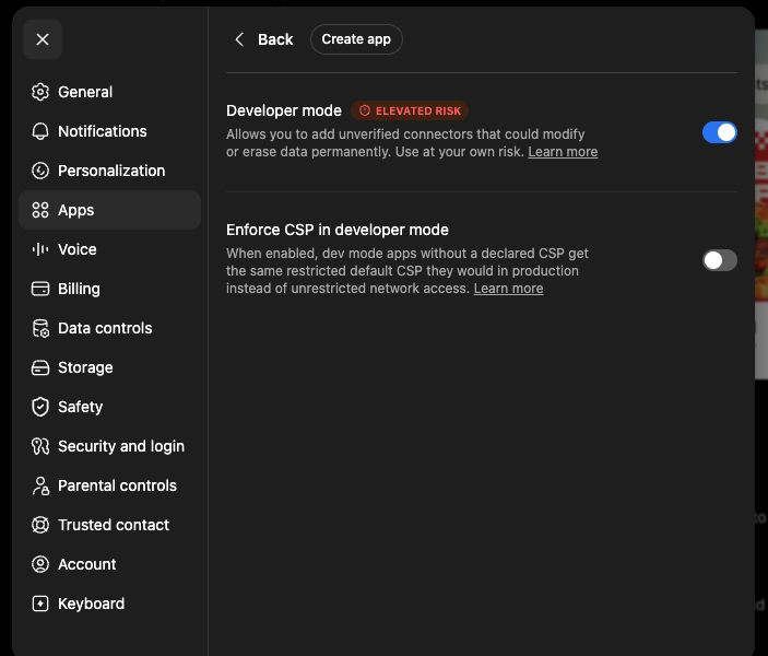 ChatGPT advanced settings with the Developer mode toggle switched on