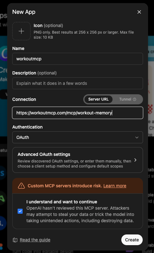 ChatGPT New App dialog with the server URL pasted, OAuth authentication selected, and the risk checkbox ticked