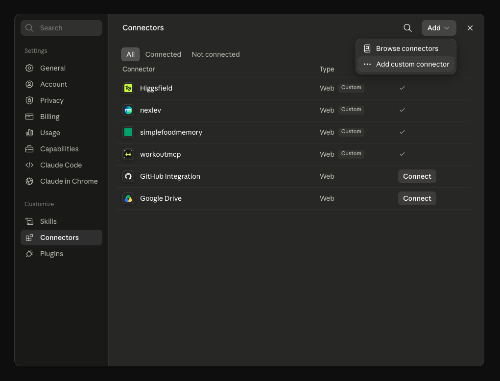 Claude connectors settings with the Add menu open showing the Add custom connector option