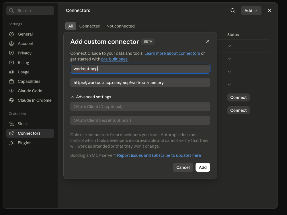 Claude Add custom connector dialog with a name and the server URL filled in